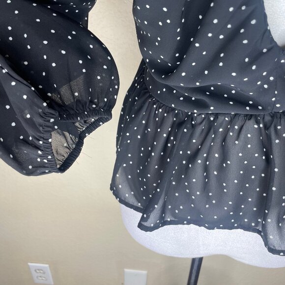 H&M Polka Dot Plunge V-Neck Back Tie Balloon Sleeve Peplum Blouse Coquettegirl L - Picture 9 of 15